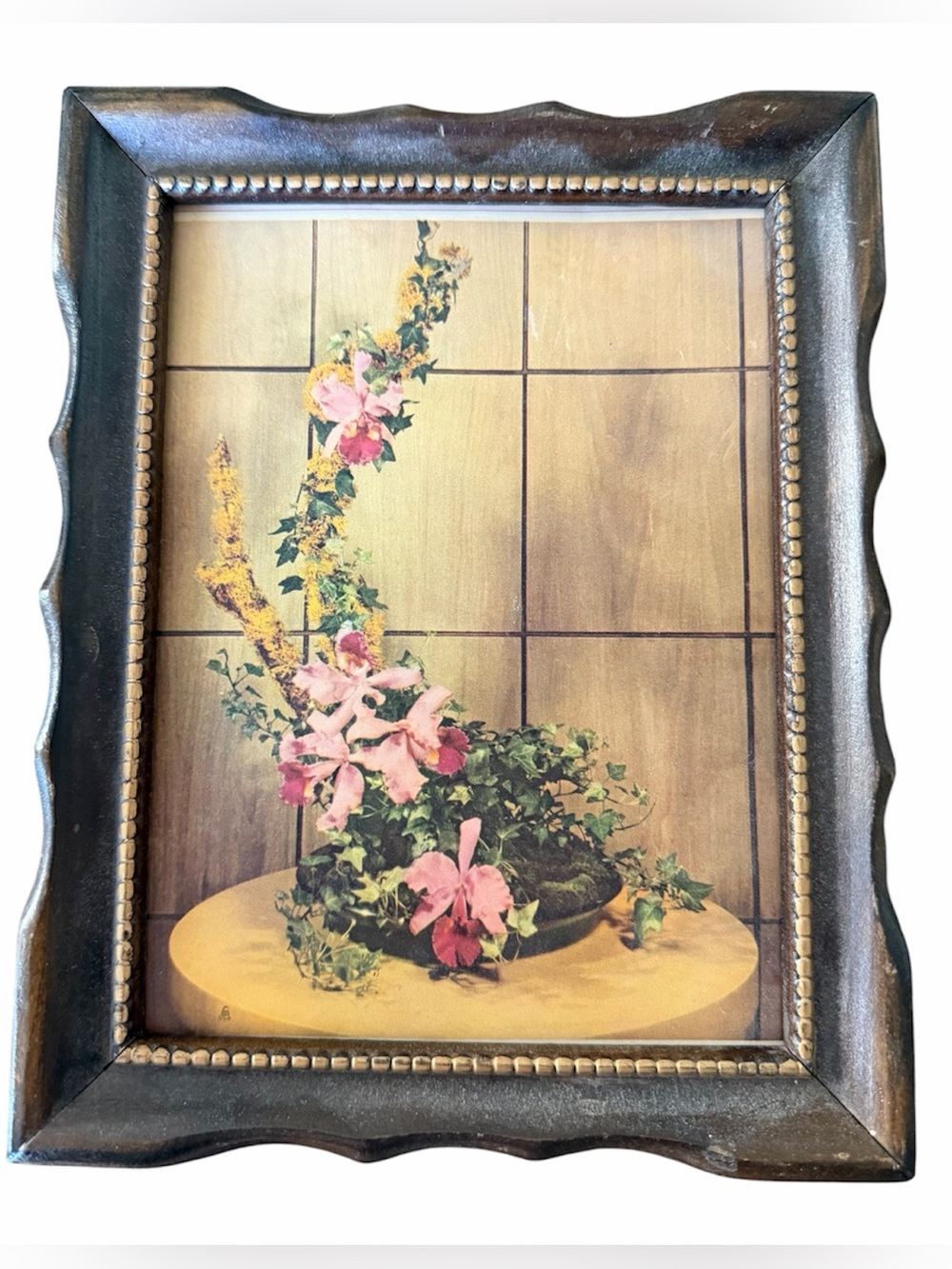 Vintage antique framed lithograph cute wood frame floral vintage art